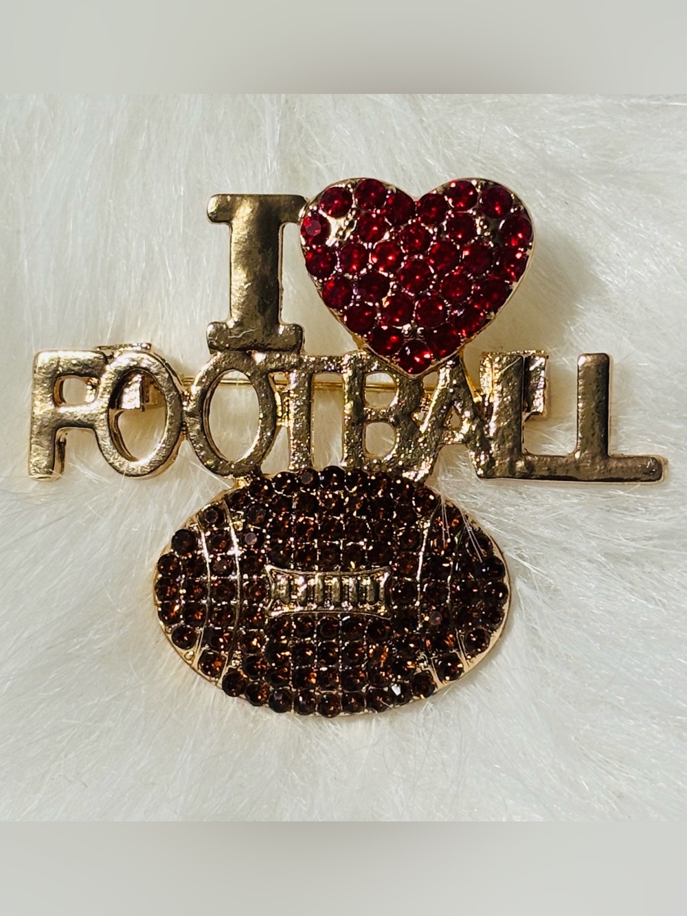 I Love Football Rhinestone Brooch Red Heart Brown Football Pin